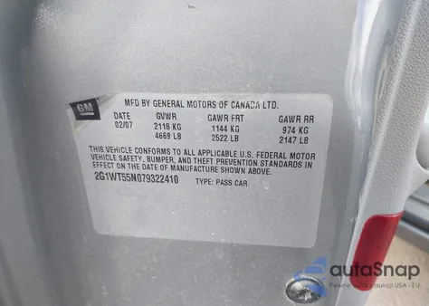 2007 Chevrolet Impala Lt from USA, damaged, VIN 2G1WT55N079322410